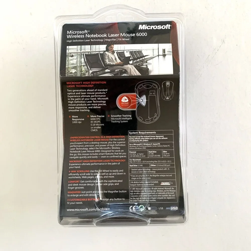 New Microsoft Wireless Notebook Laser Mouse 6000 Model 1054, 1051 (B5W-00006)
